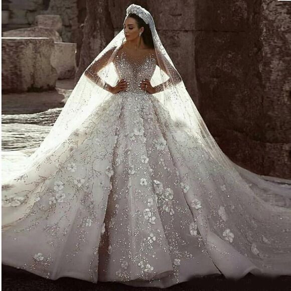 IS-NWT US4 Ball Gown Wedding Dress Beading Flowers Tulle Cathedral Train - Picture 1 of 9